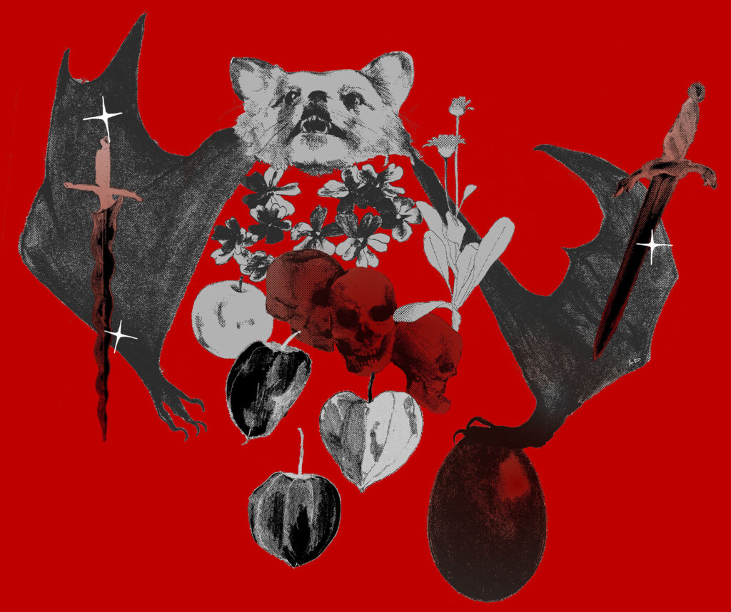 Illustrazione di Anna Dietzel raffigurante un pipistrello e dei teschi